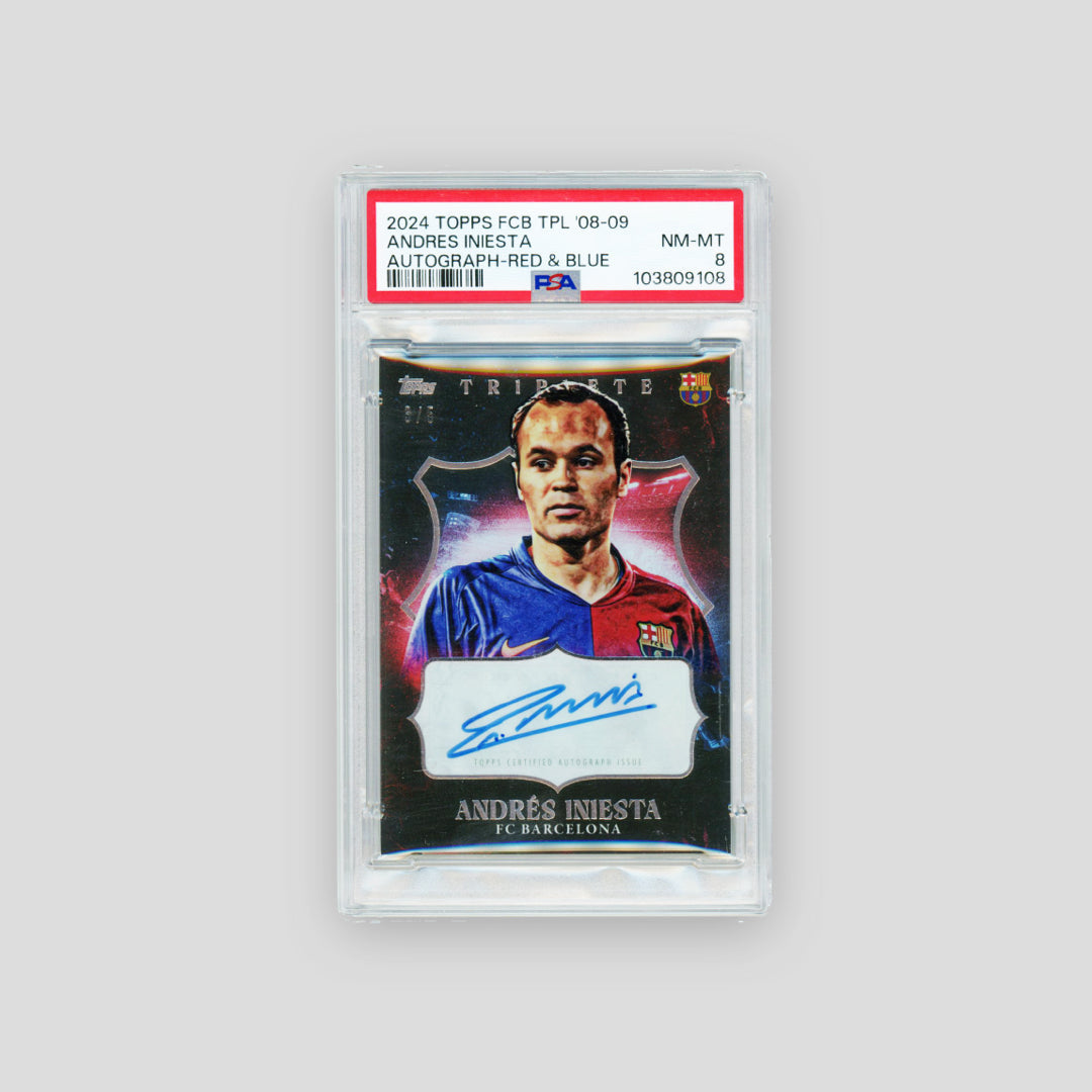 2024 Topps Barcelona Triplete Auto Andres Iniesta Red & Blue /5 (PSA 8)