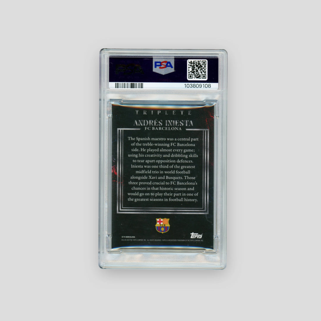 2024 Topps Barcelona Triplete Auto Andres Iniesta Red & Blue /5 (PSA 8)