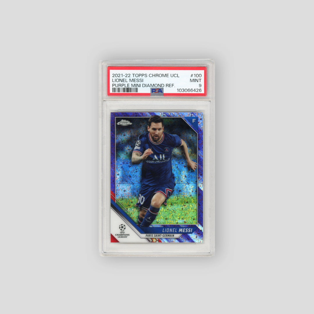 2021-22 Topps Chrome UEFA Lionel Messi Purple Mini Diamond Refractor /250 #100 (PSA 9)