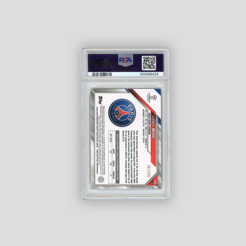 2021-22 Topps Chrome UEFA Lionel Messi Purple Mini Diamond Refractor /250 #100 (PSA 9)