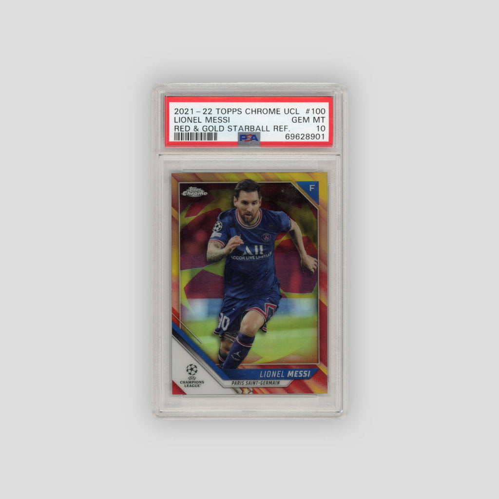 2021-22 Topps Chrome UCL Lionel Messi Starball Refractor Red & Gold #100 (PSA 10)